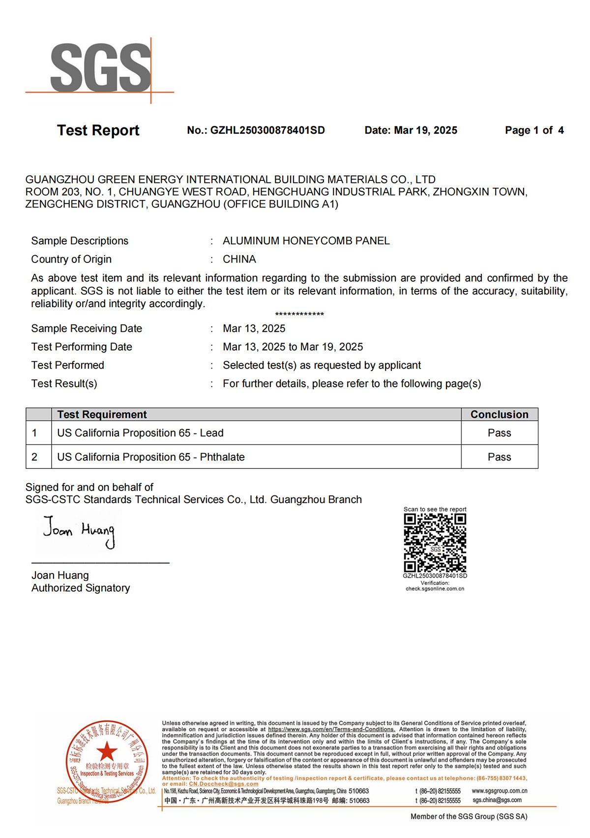 Aluminum Honeycomb Panel -USA CA65 Test Report By SGS