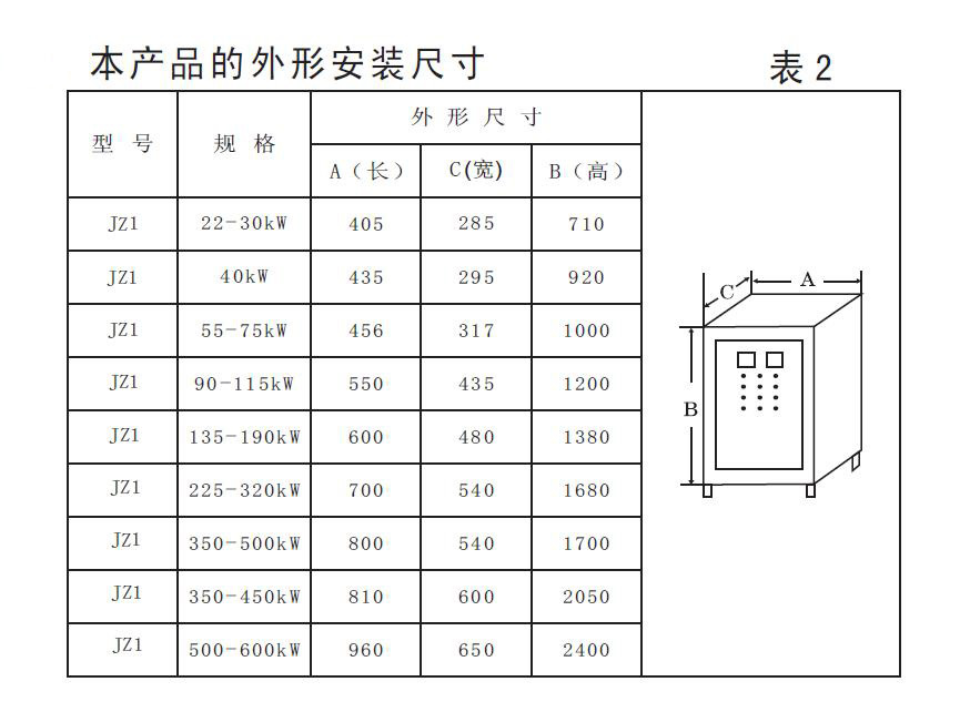 JZ1自耦減壓降壓啟動柜外形安裝尺寸