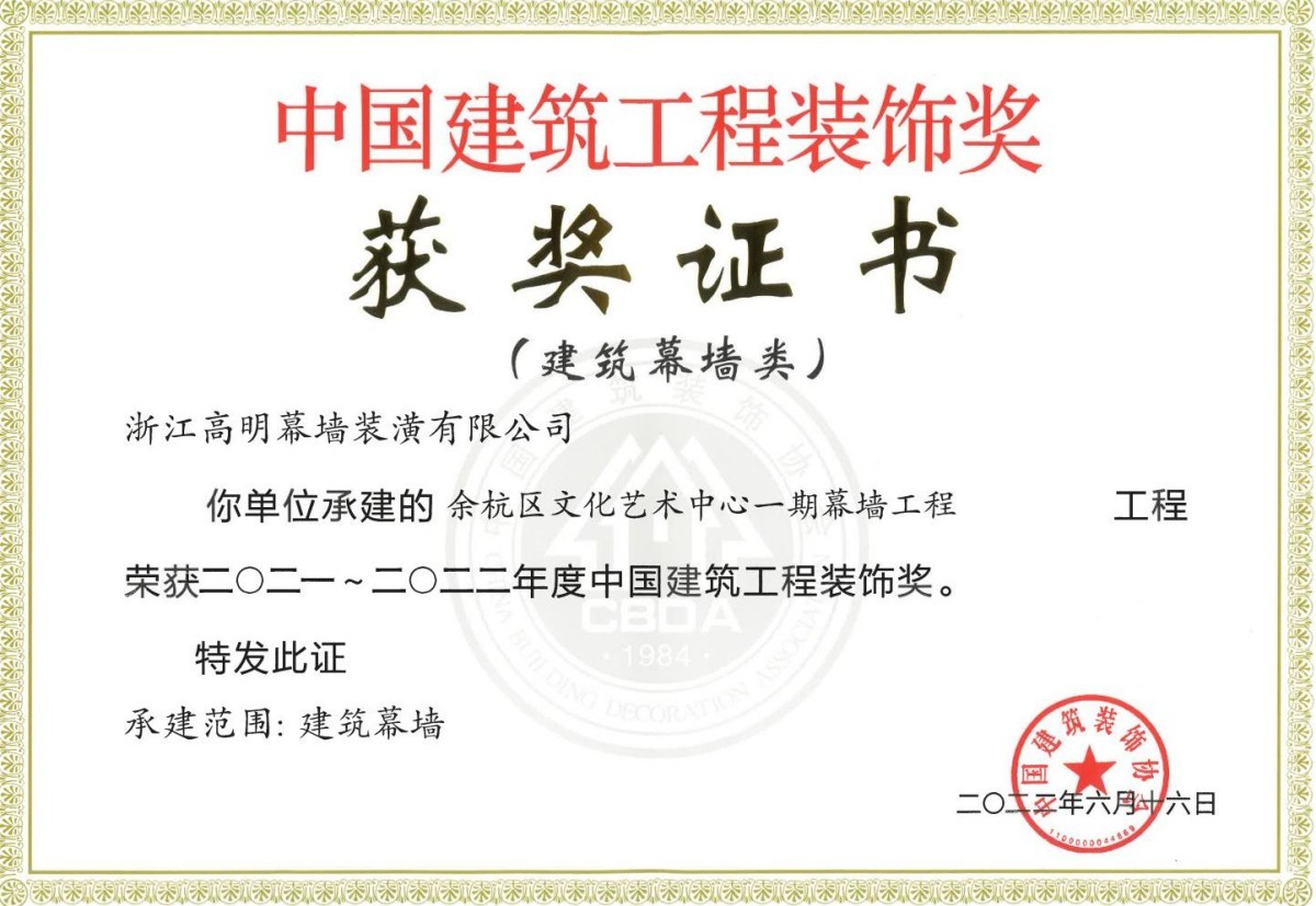 建筑幕墙类获奖证书