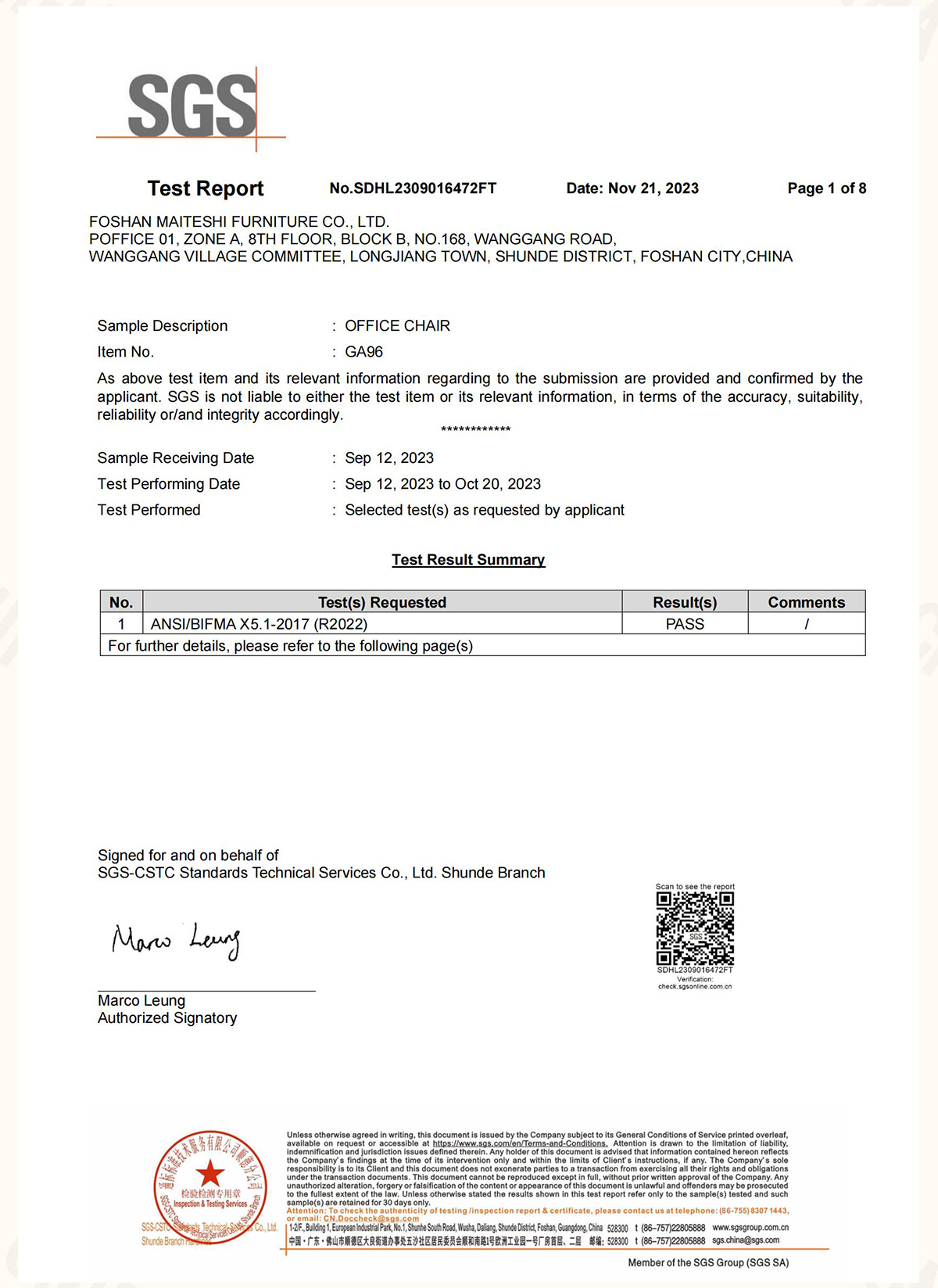 SGS Certification-GA96