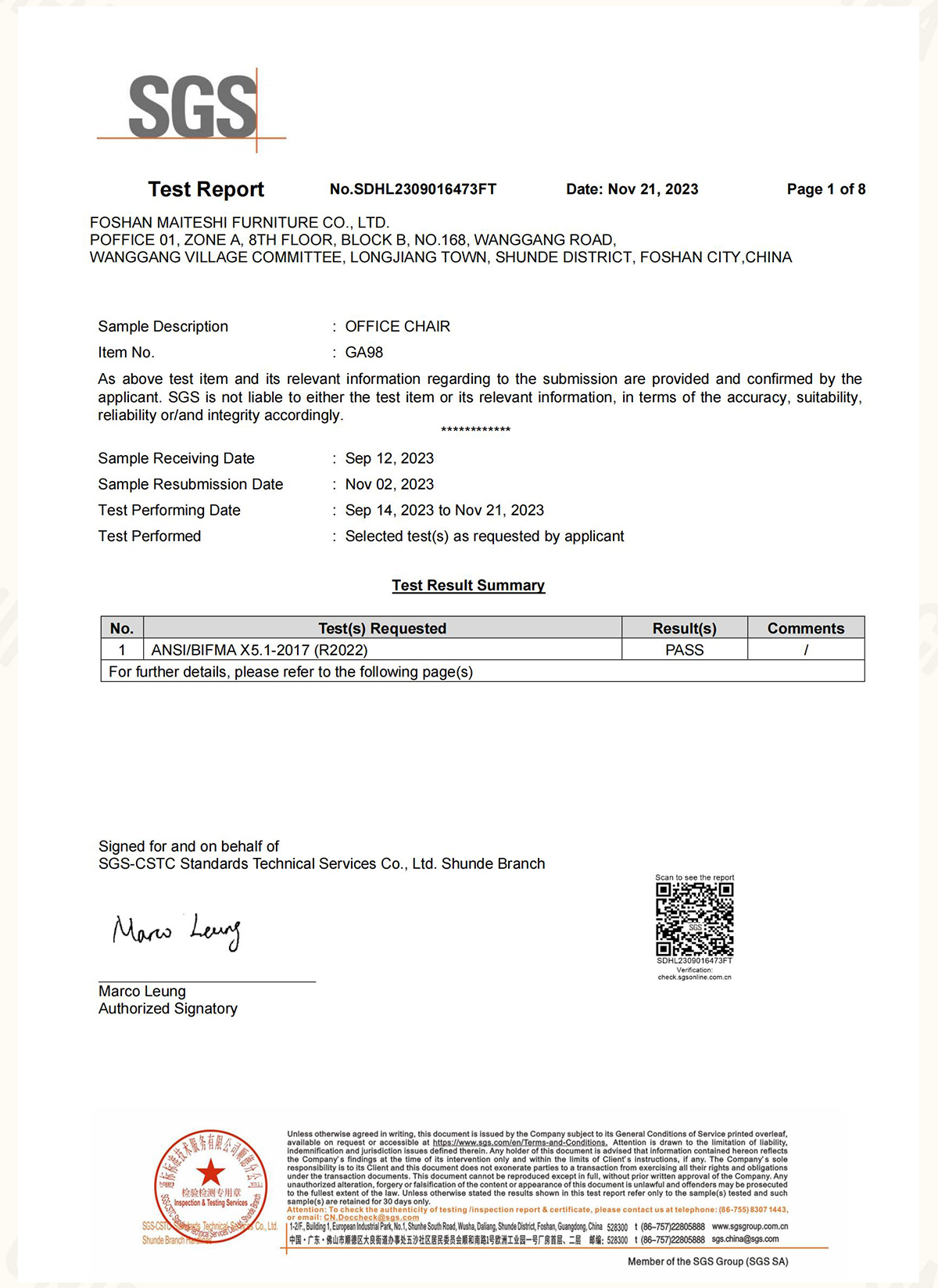 SGS Certification-GA98