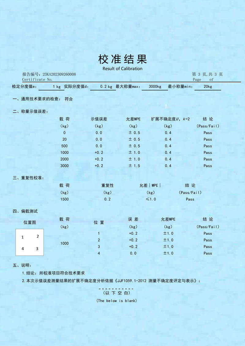 Electronic crane scale calibration certificate