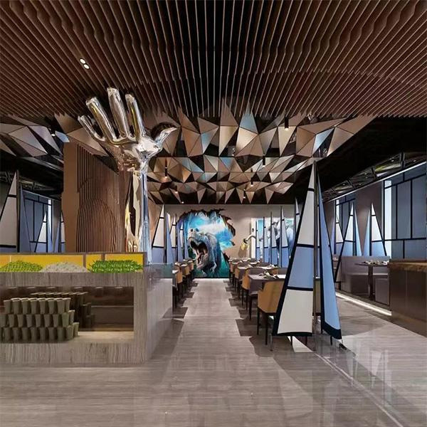 Restaurant wood grain aluminum square tube rendering