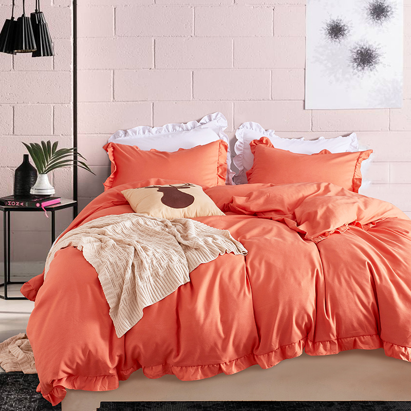 Parure de lit unie PLT003 avec volants brossés (Orange soleil)