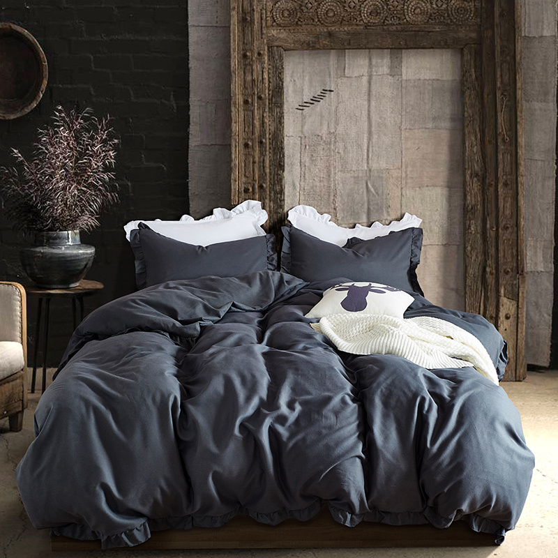 Parure de lit unie PLT003 avec volants brossés (gris foncé)