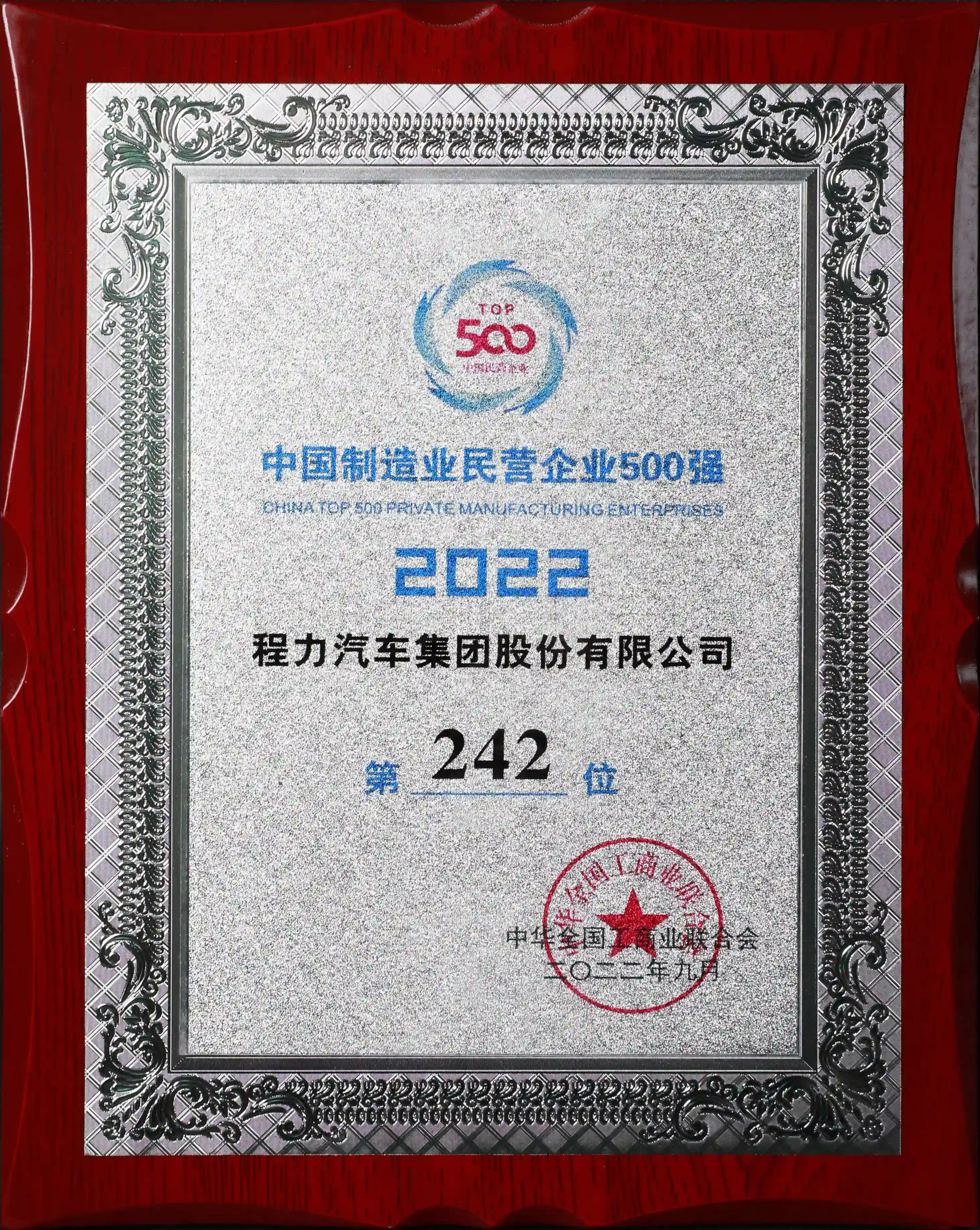 242nd among the Top 500 Private Manufacturing Enterprises in China in 2022