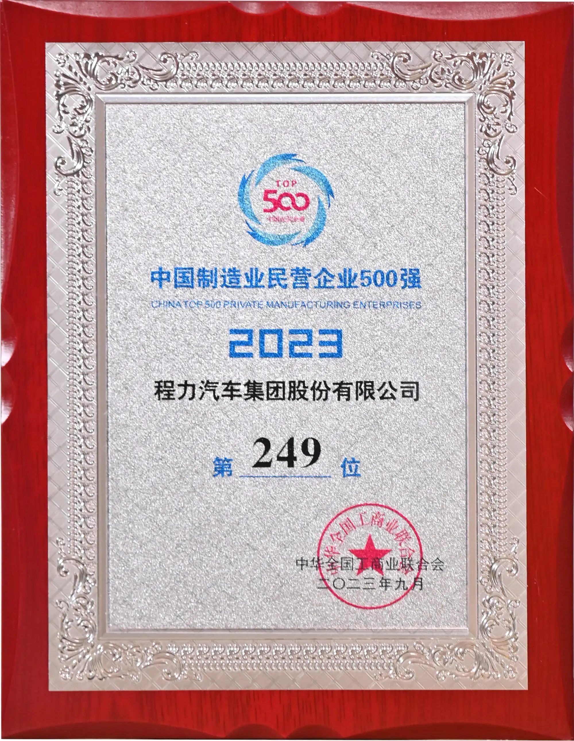 Ranked 249th among the top 500 private manufacturing enterprises in China in 2023