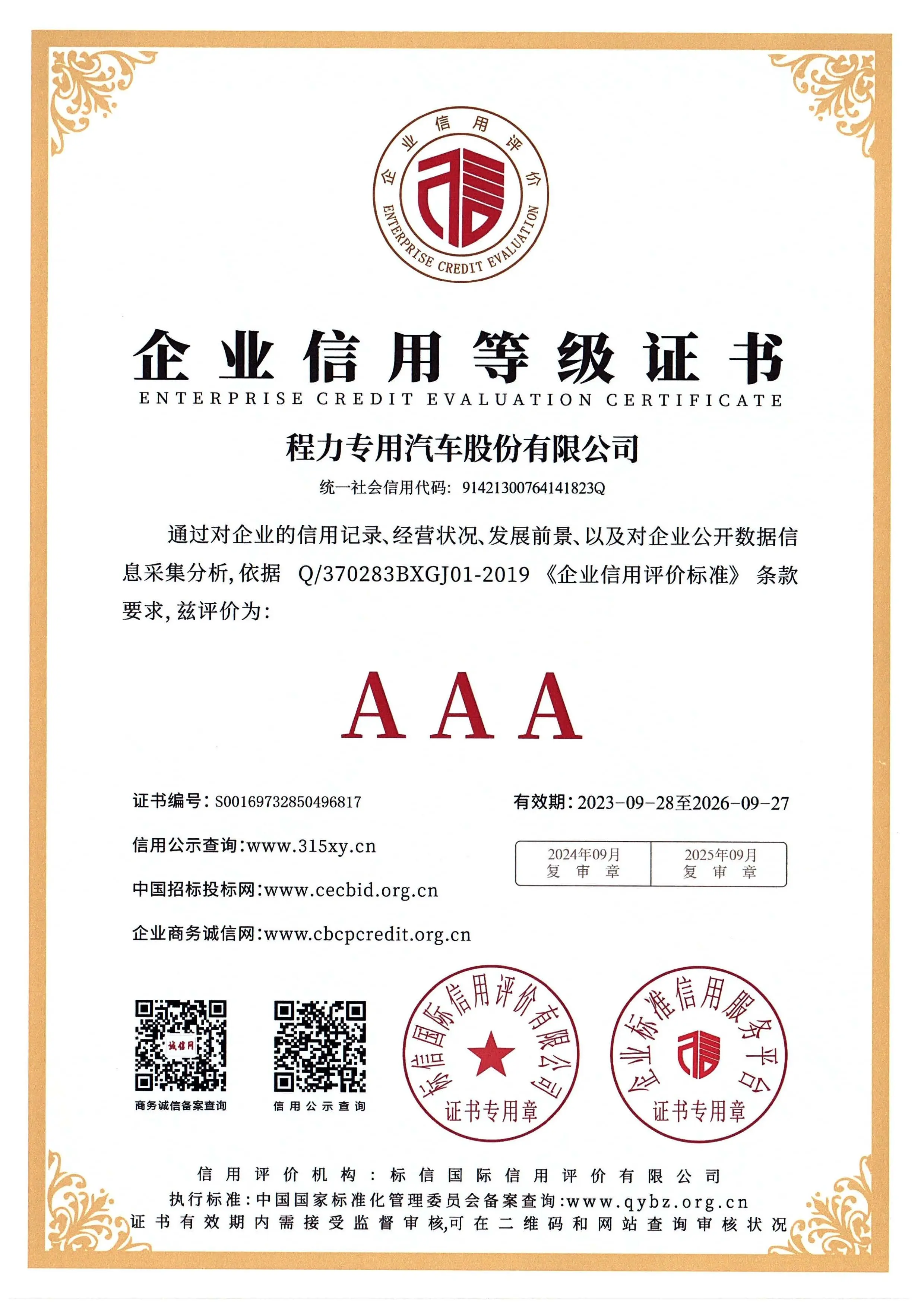 Enterprise credit evaluation certificate