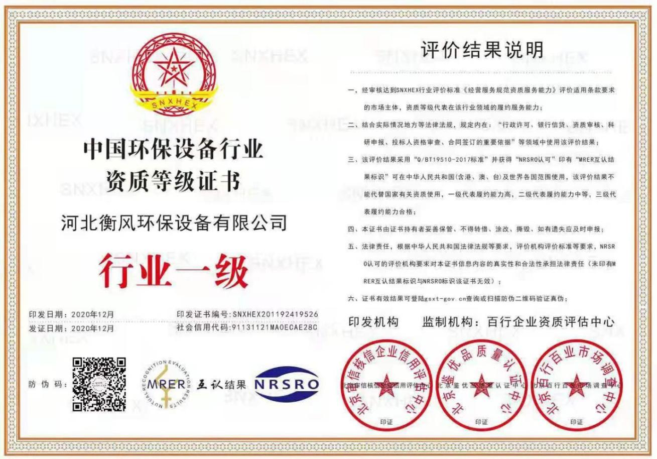 Qualification Grade Certificate of China Environmental Protection Equipment Industry