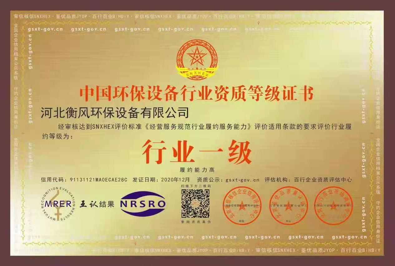 Qualification Grade Certificate of China Environmental Protection Equipment Industry