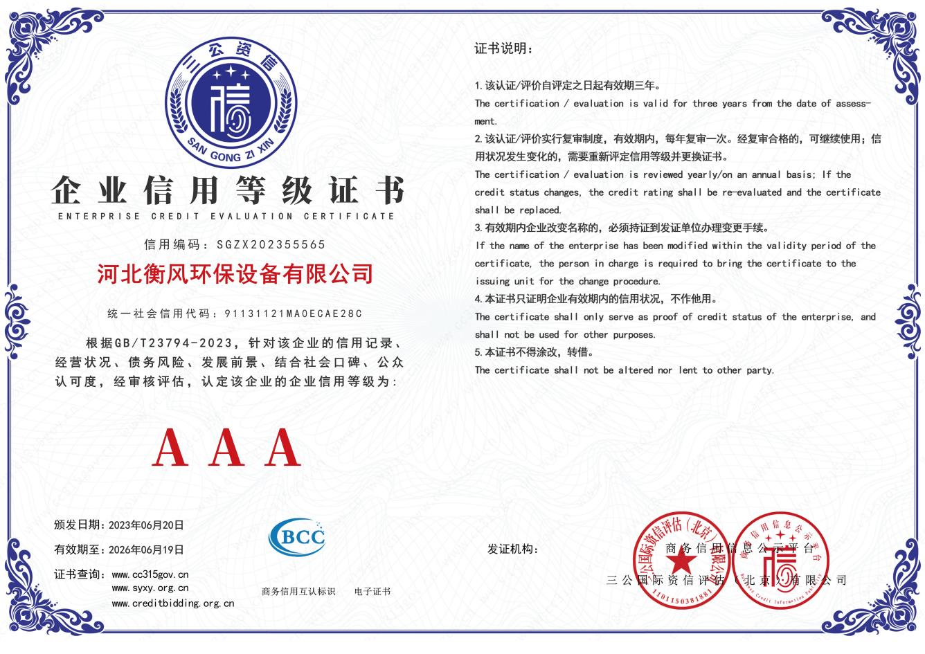 Enterprise credit rating certificate