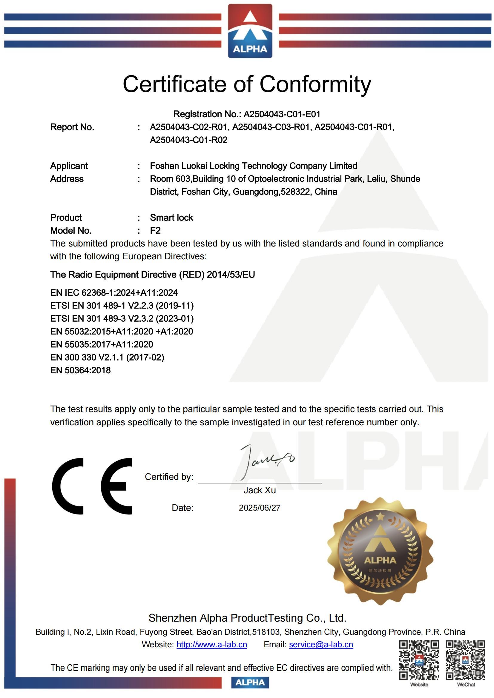 F2  CE Certificate