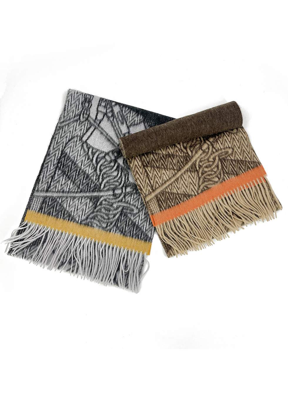 WOVEN PRINT DOUBLE SIDE SCARF WITH FRINGE