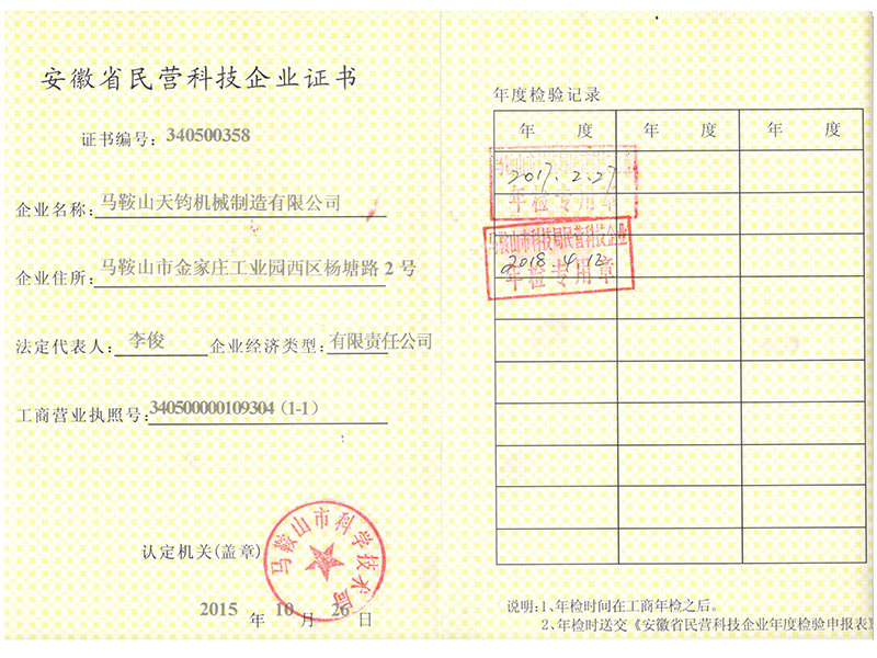 Anhui Province Private Technology Enterprise Certificate