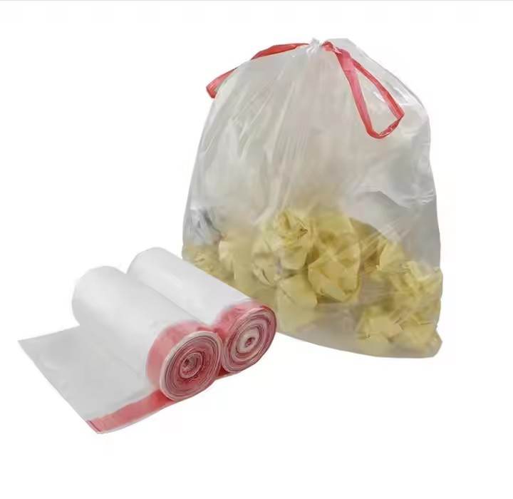 Transparent drawstring trash bags
