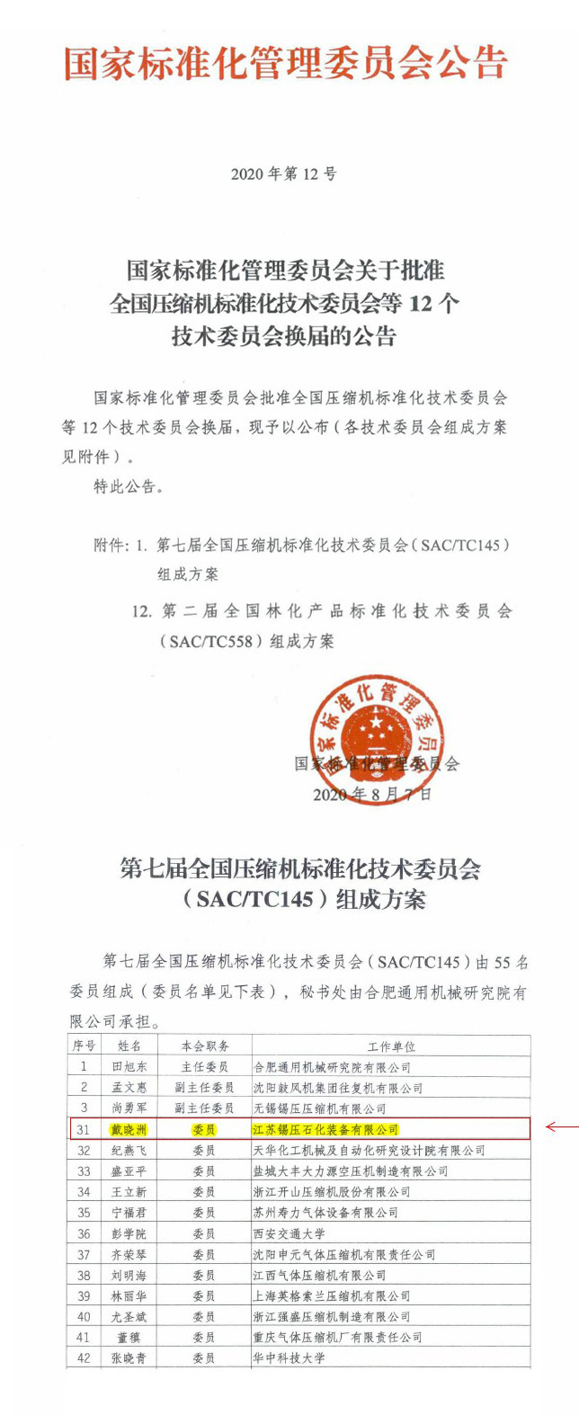 全国压缩机标准委员会委员
