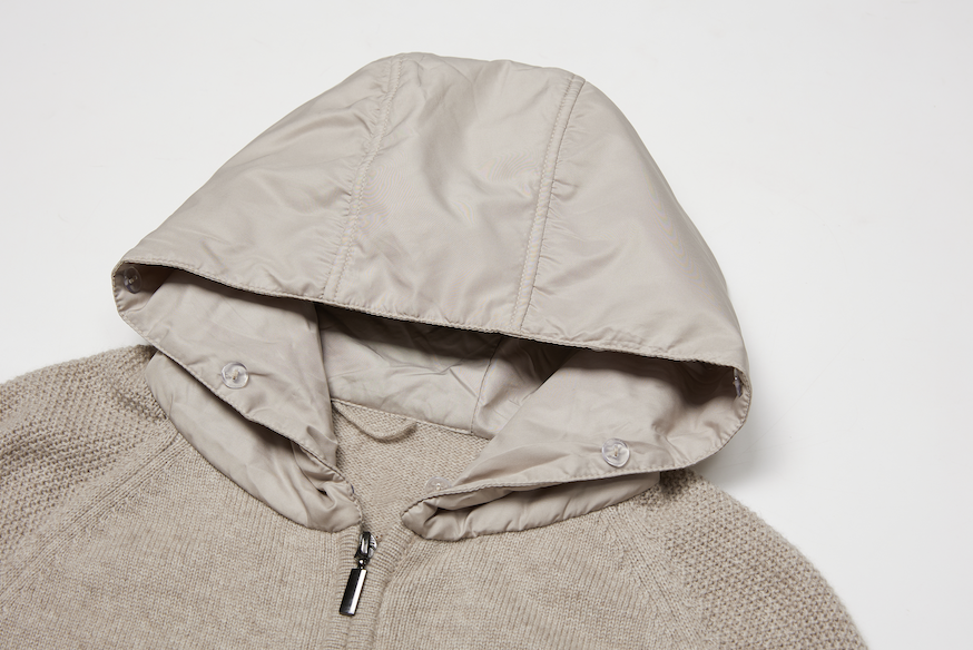 Cashmere Zip Cardigan with Down Feather Hood/Trim