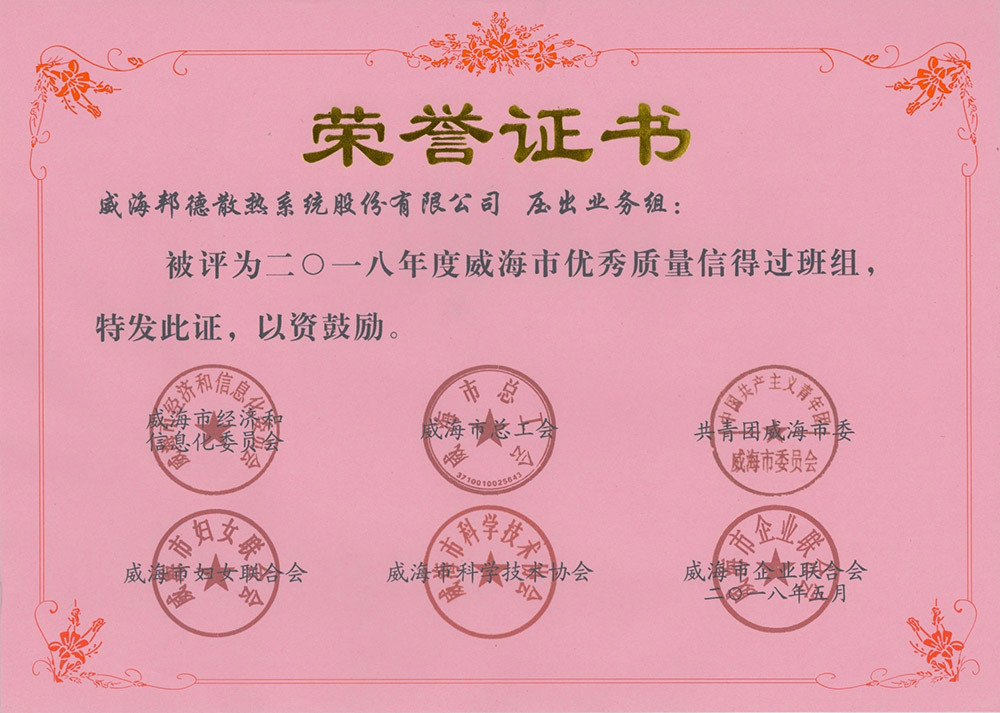 betway网页版登录获“2018年度威海市优秀质量信得过班组”