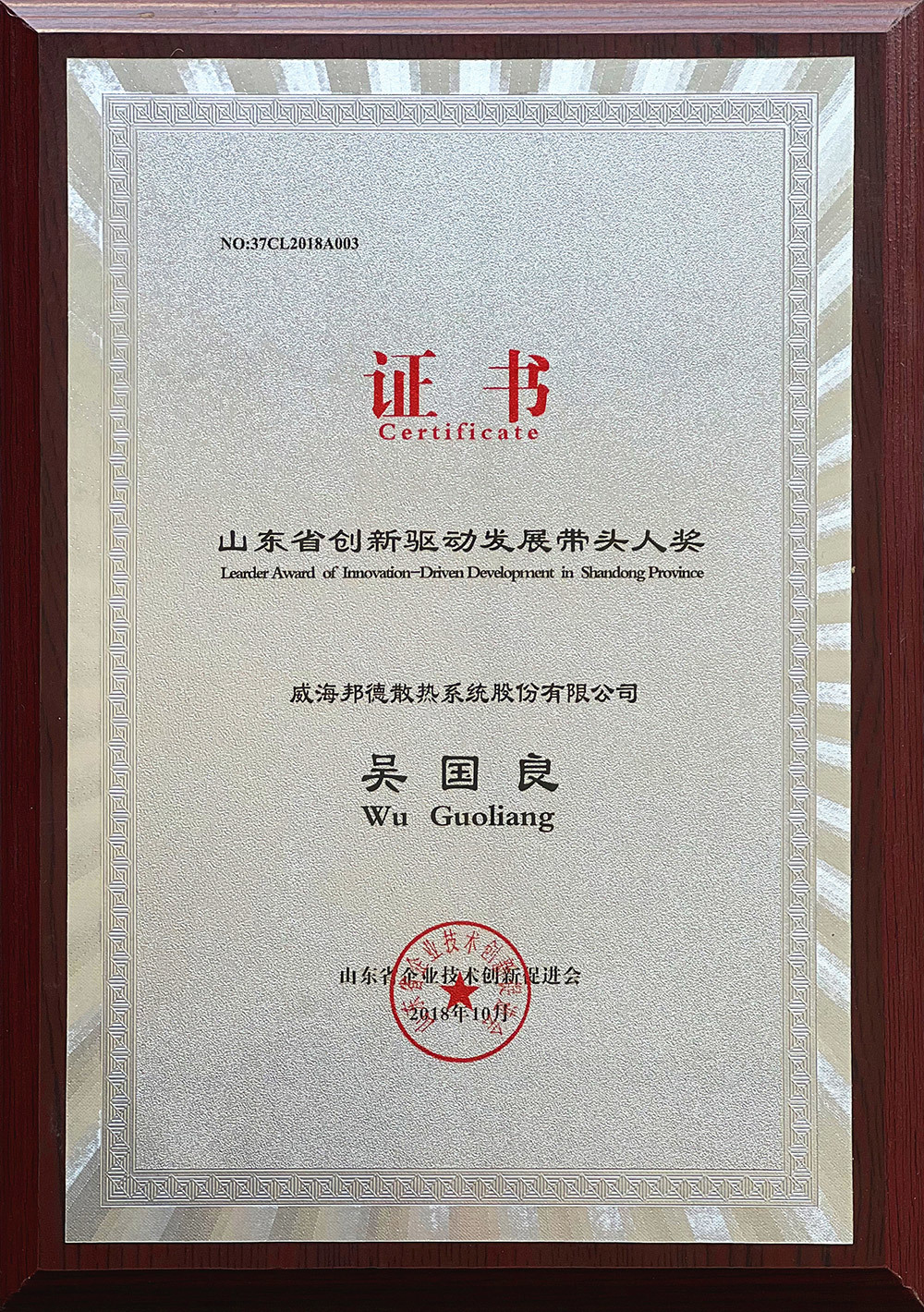 威海betway官方网站入口董事长吴国良 获“山东省创新驱动发展带头人奖”
