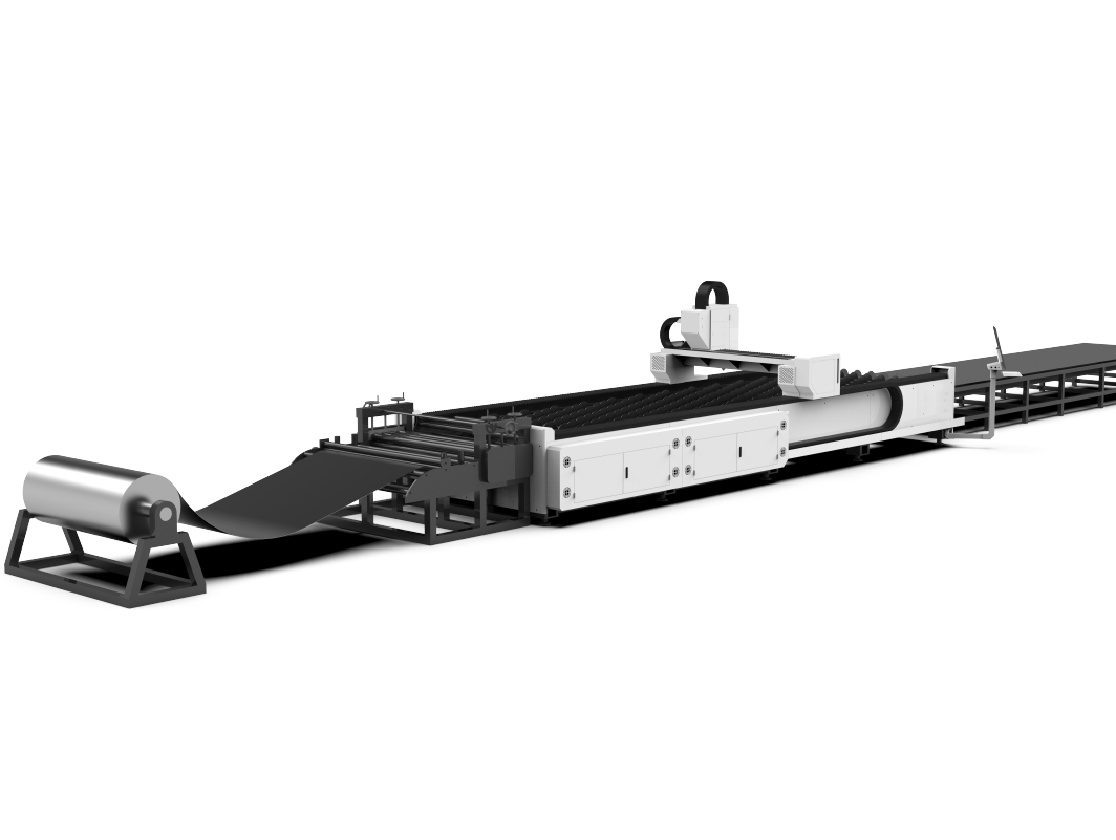 Guangxian CNC: производственная линия лазерной резки рулонного материала, включающая размотку, выравнивание и резку