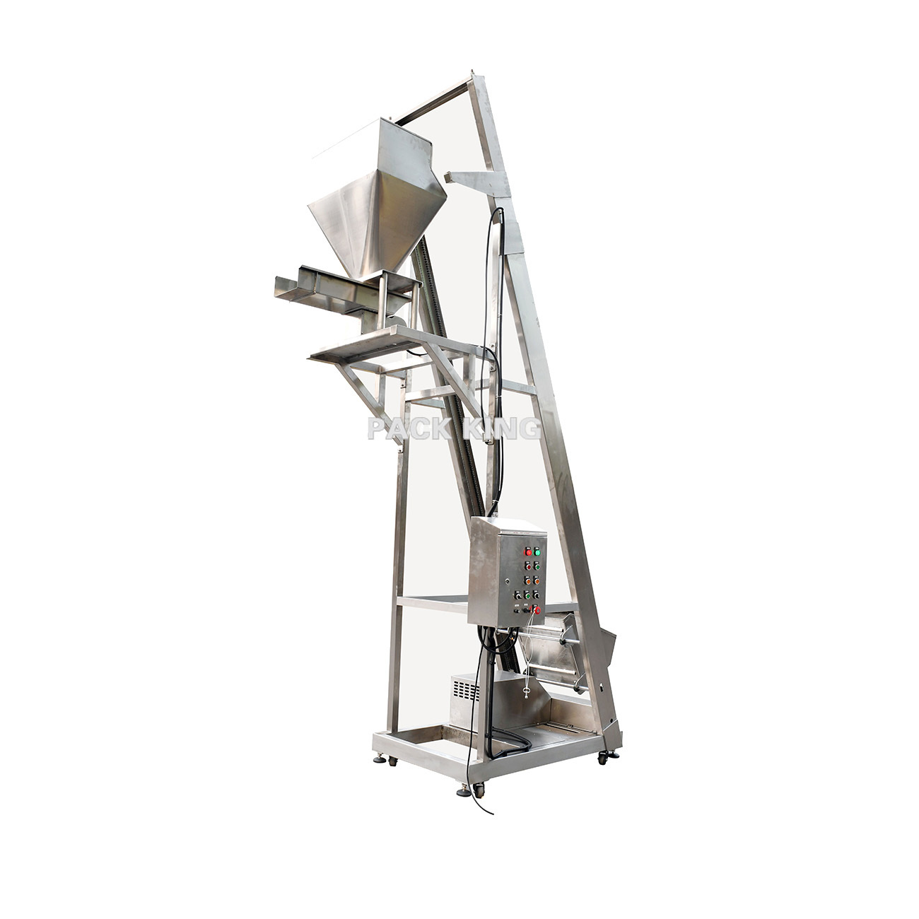 Inclined single bucket elevator combines vibrating feeder