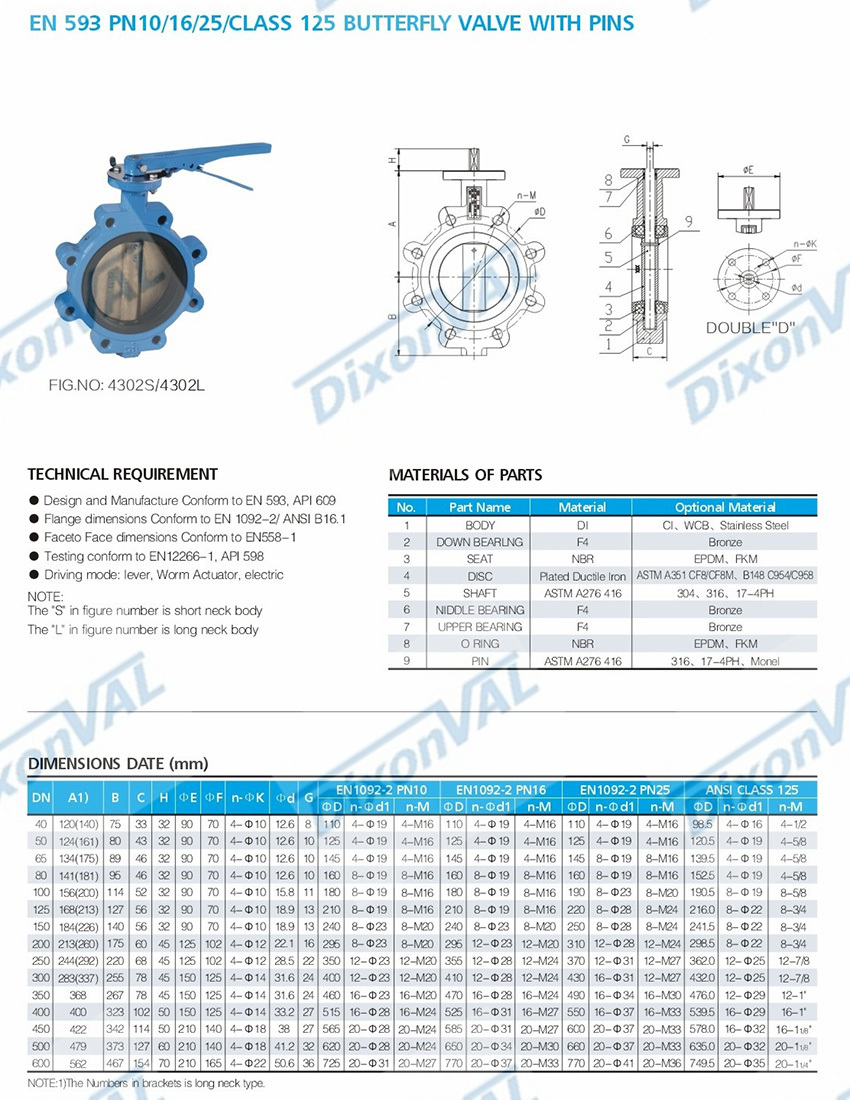 EN 593 PN10 PN16 CLASS125  BUTTERFLY VALVE WITH PINS-LUG04