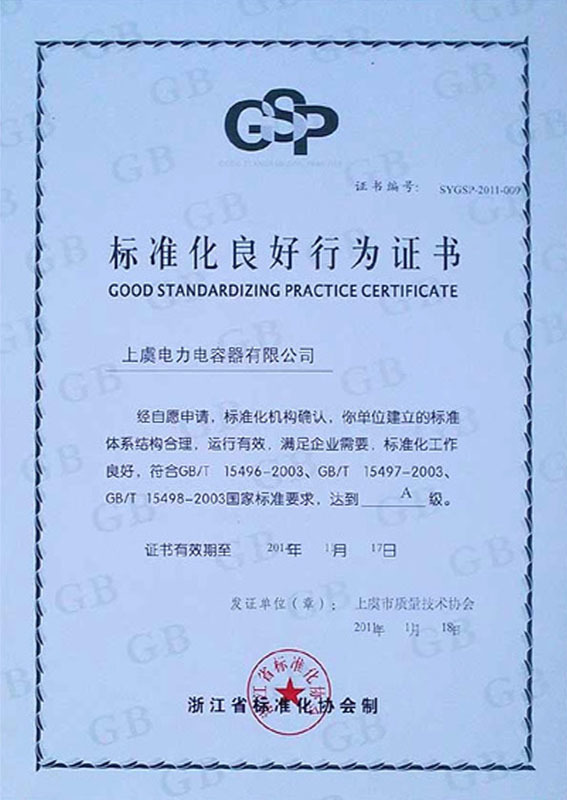 标准化良好行为证书