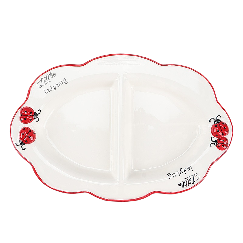 handpainting two divided-section ladybug plate