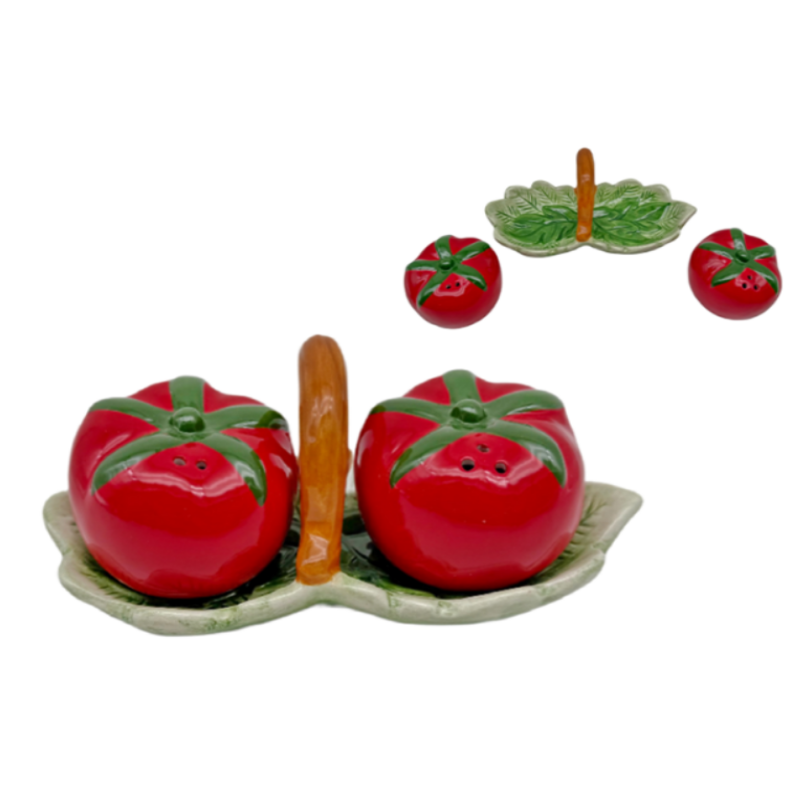 Handpainting  tomato in basket salt and pepper shaker set