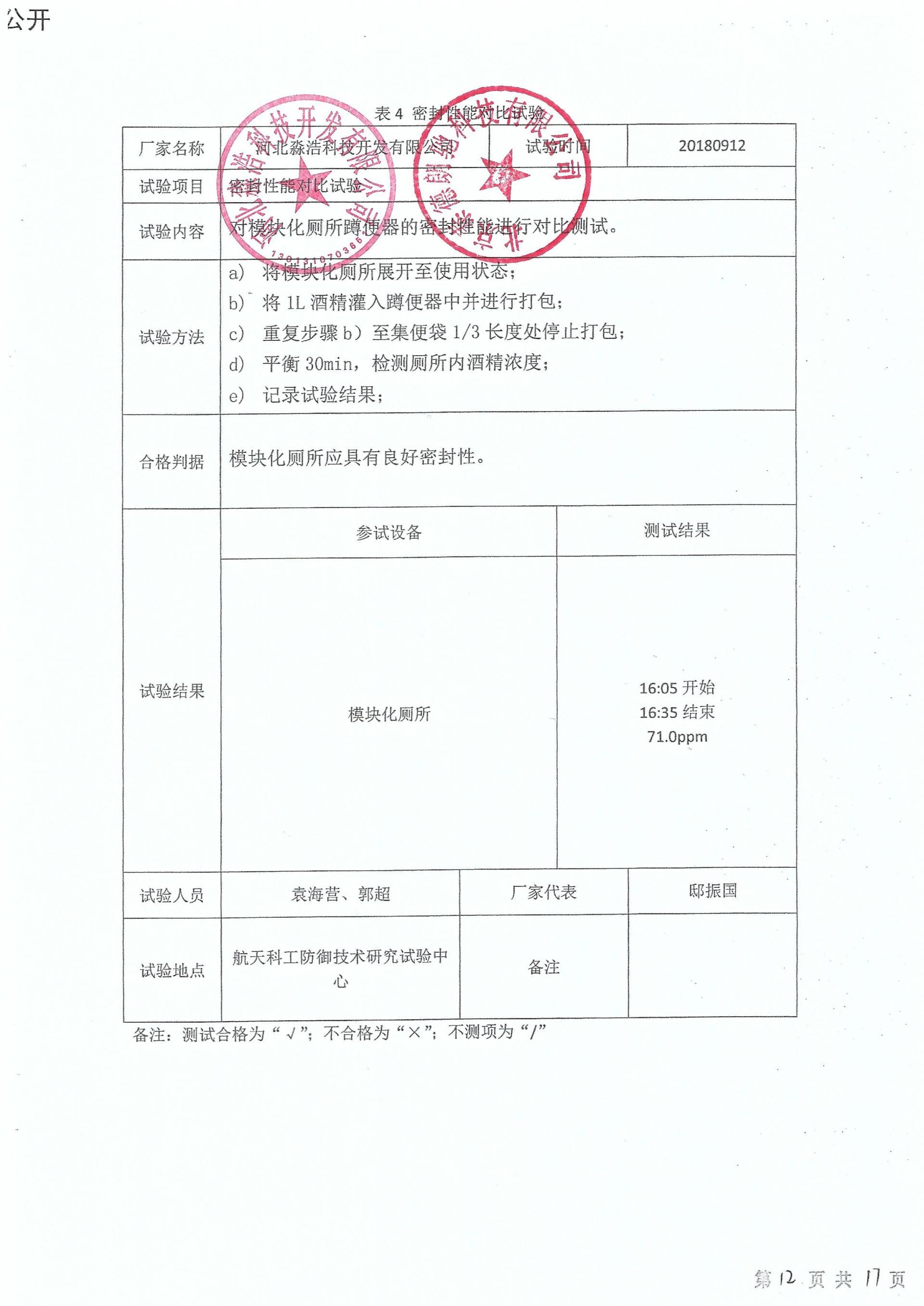 恭贺我公司打包便器的耐高低温及封闭性实验通过航天科工防御技术研究实验中心认证