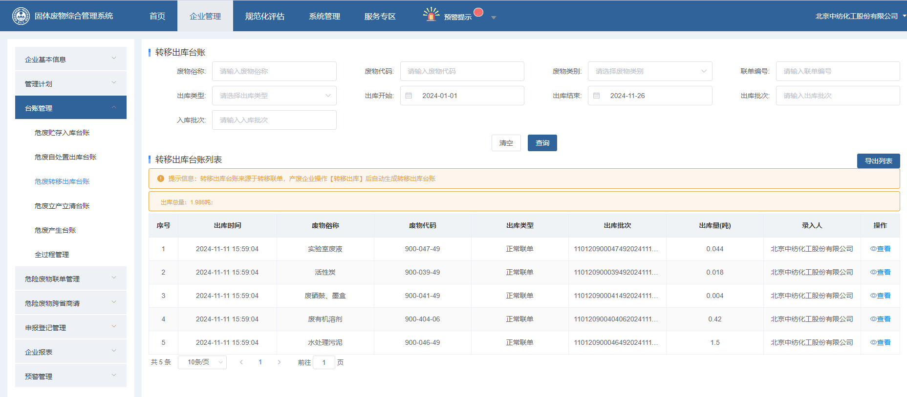 北京中纺化工股份有限公司危废转移处置公示