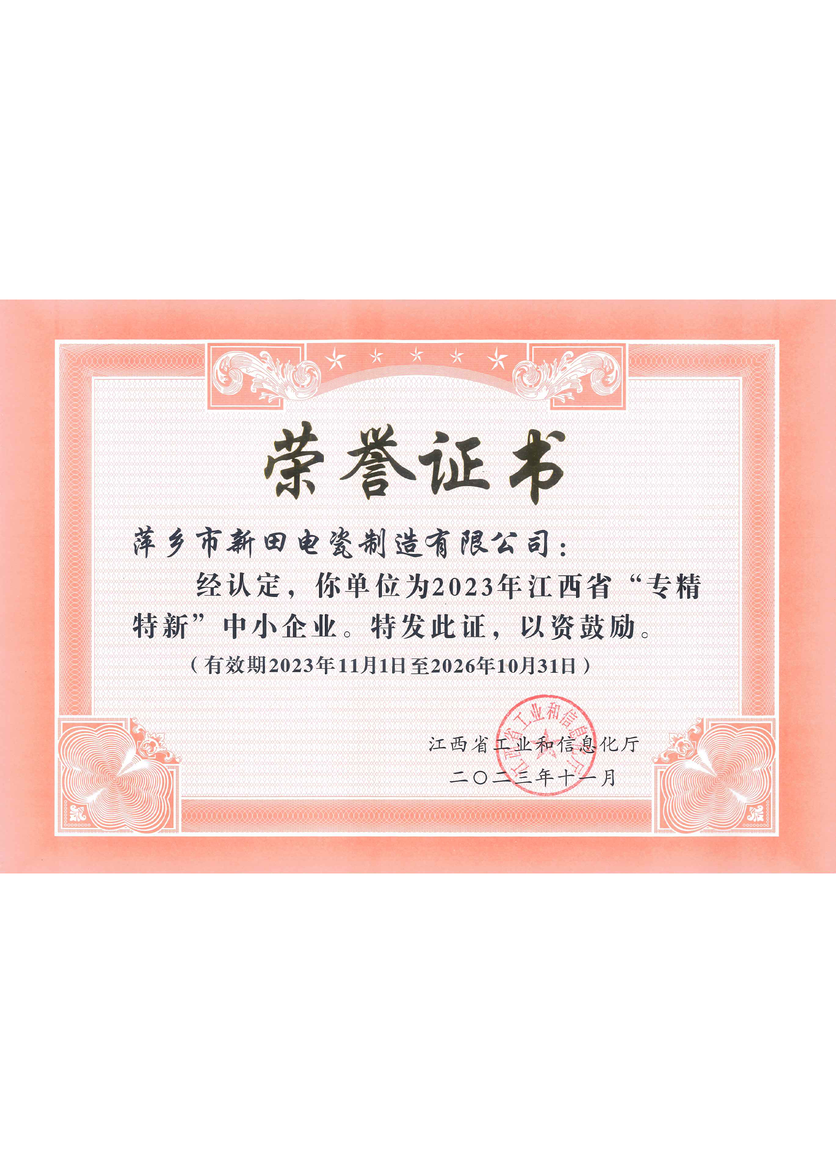 Specialized and New Excellence Honorary Certificate