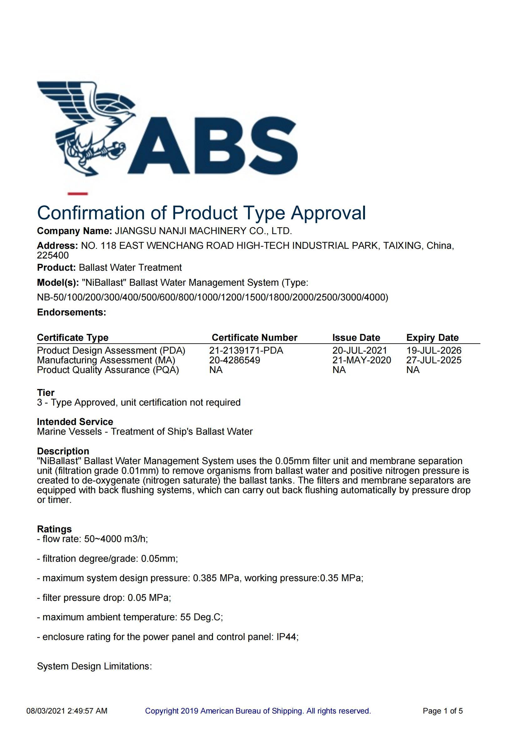 ABS Ballast Water Management System Type Approval Certificate