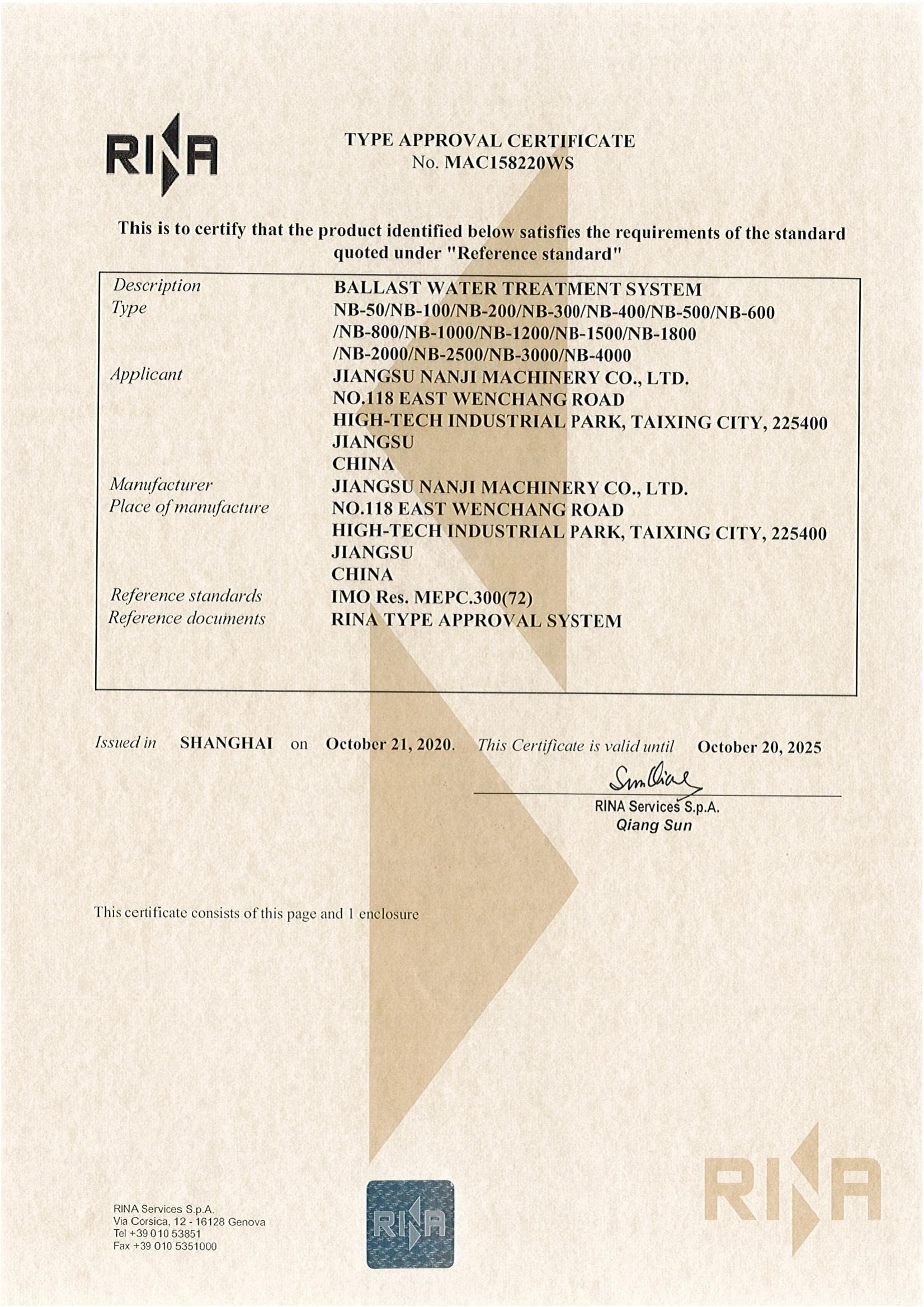 RINA Ballast Water Type Approval Certificate