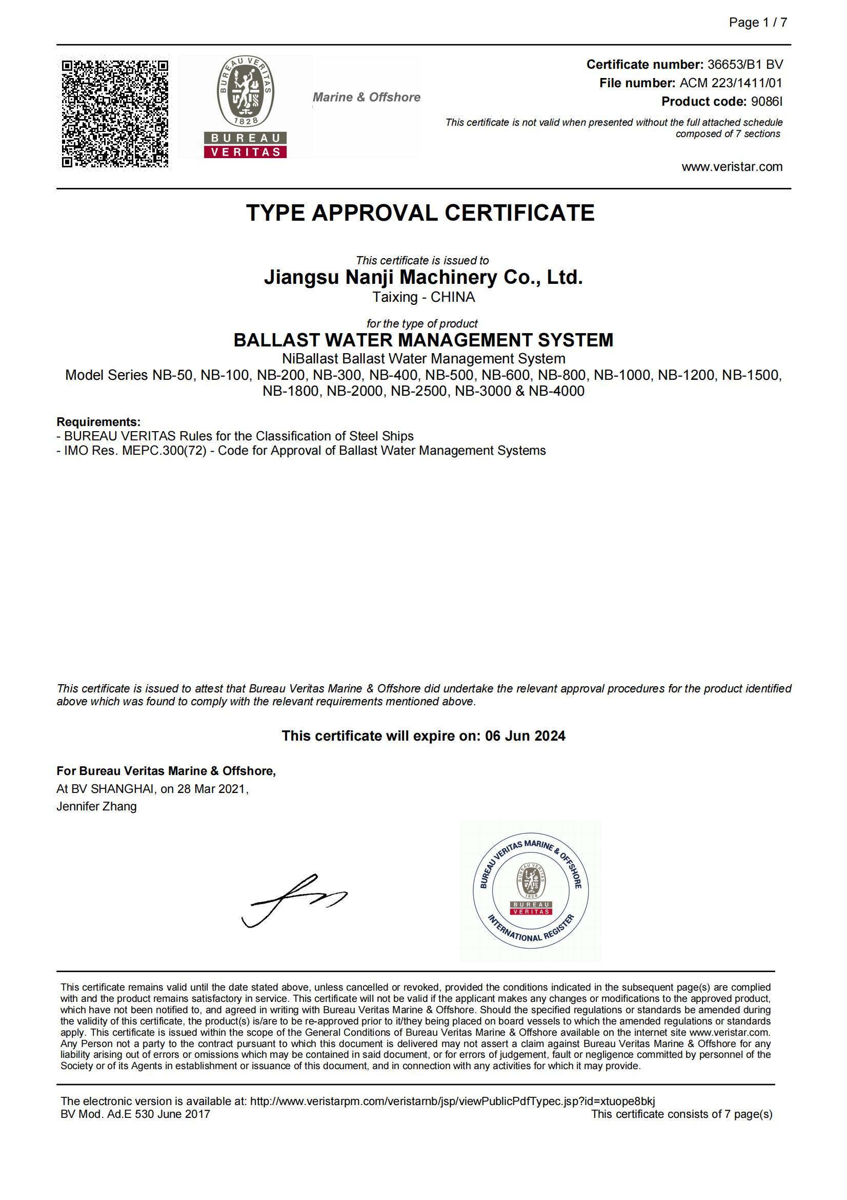 BV ballast water type approval certificate
