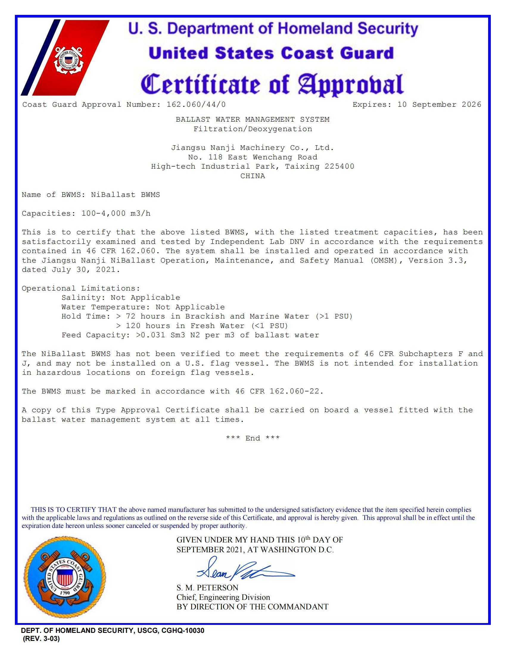 USCG Ballast Water Type Approval Certificate