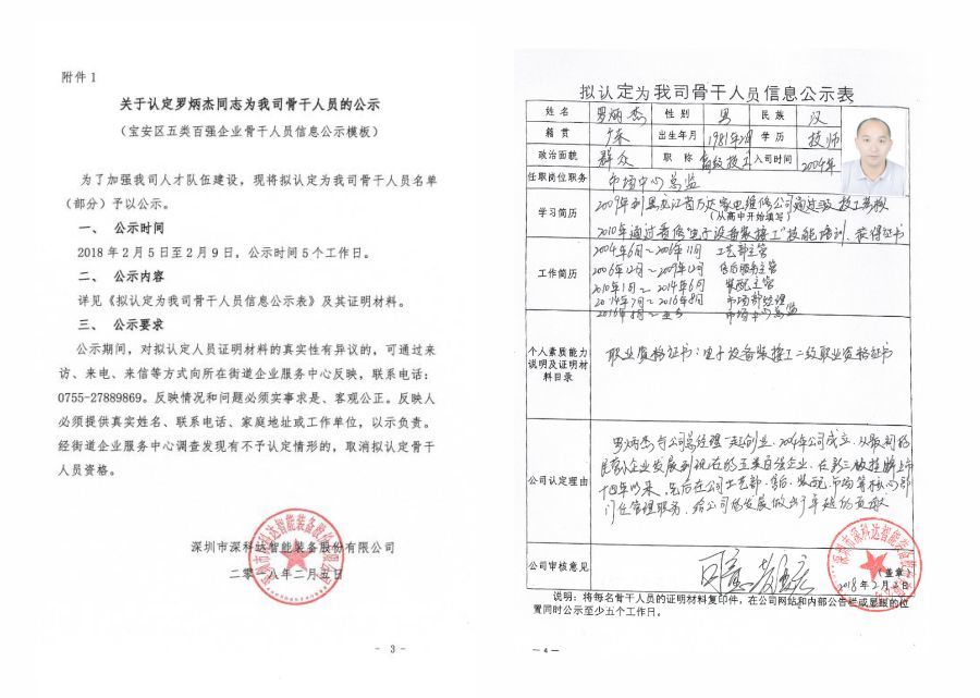 關(guān)于認定羅炳杰同志為我司骨干人員的公示