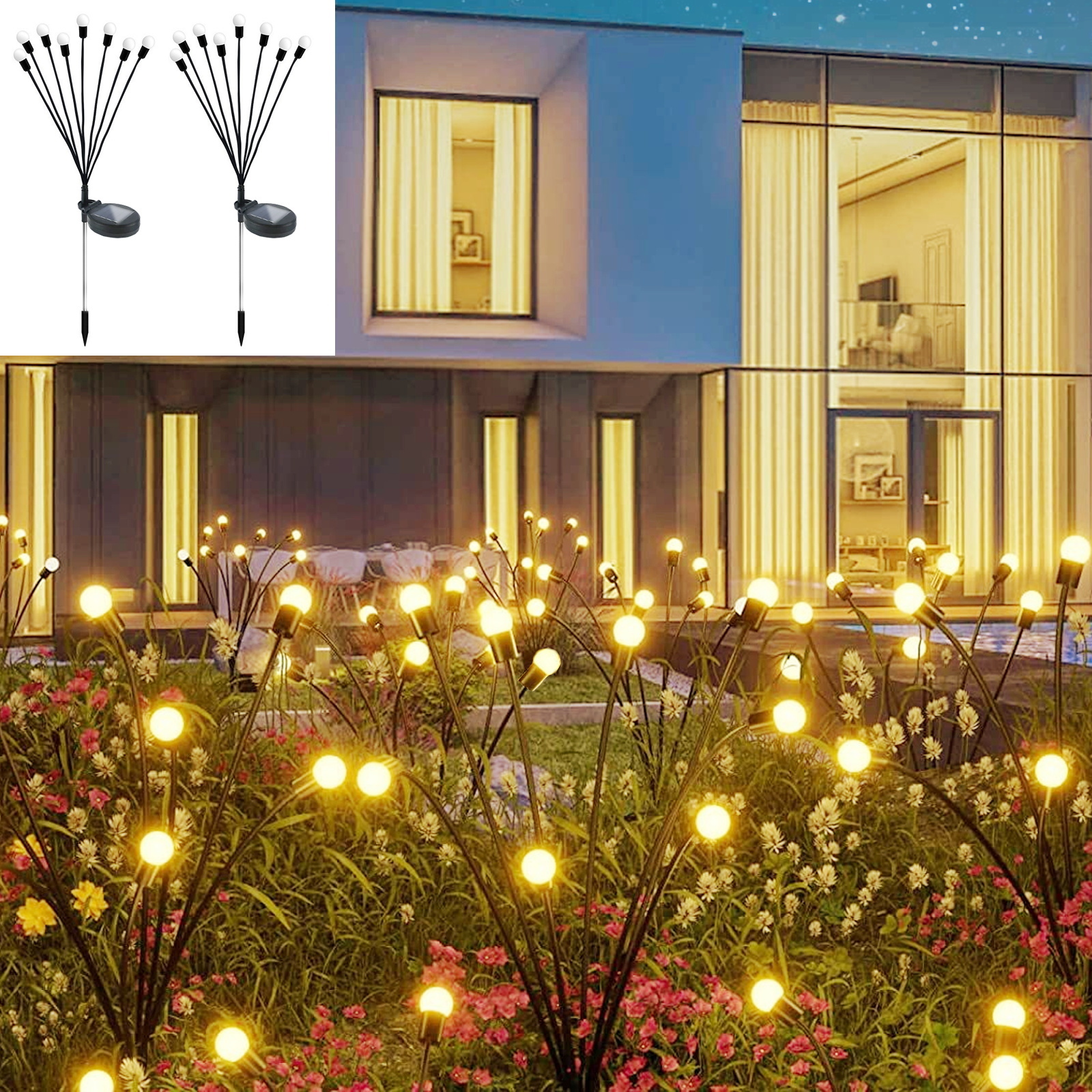 2 Pack Solar Swaying Firefly Lights, 16 LED Solar Garden Lights with Wind Sway Effect for Patio, Pathway, Yard & Outdoor Decor