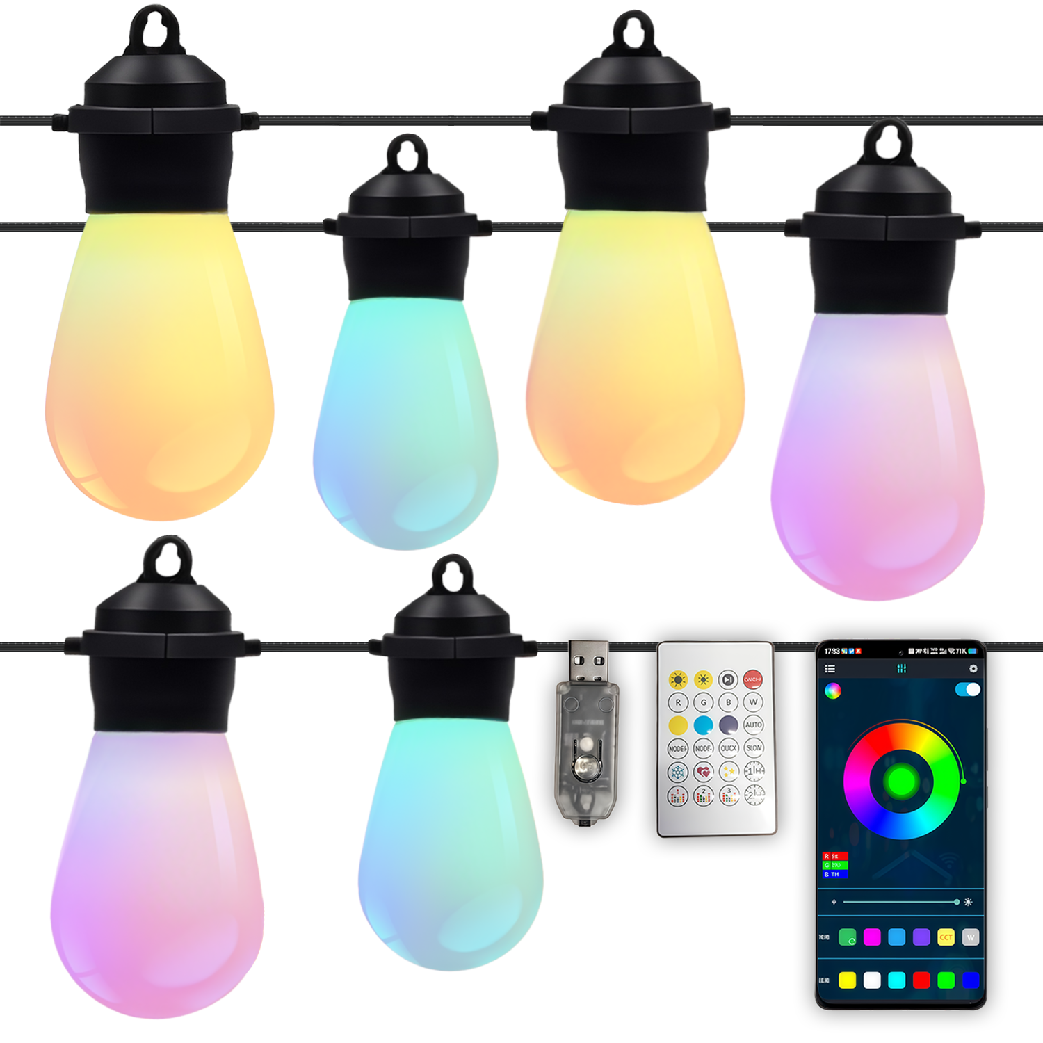 S14 Outdoor String Lights with 15 RGBW Edison Bulbs, APP And Remote Control, 213 Scene Modes, IP66 Waterproof, USB Powered for Garden, Yard, Party, Halloween, Christmas Decor