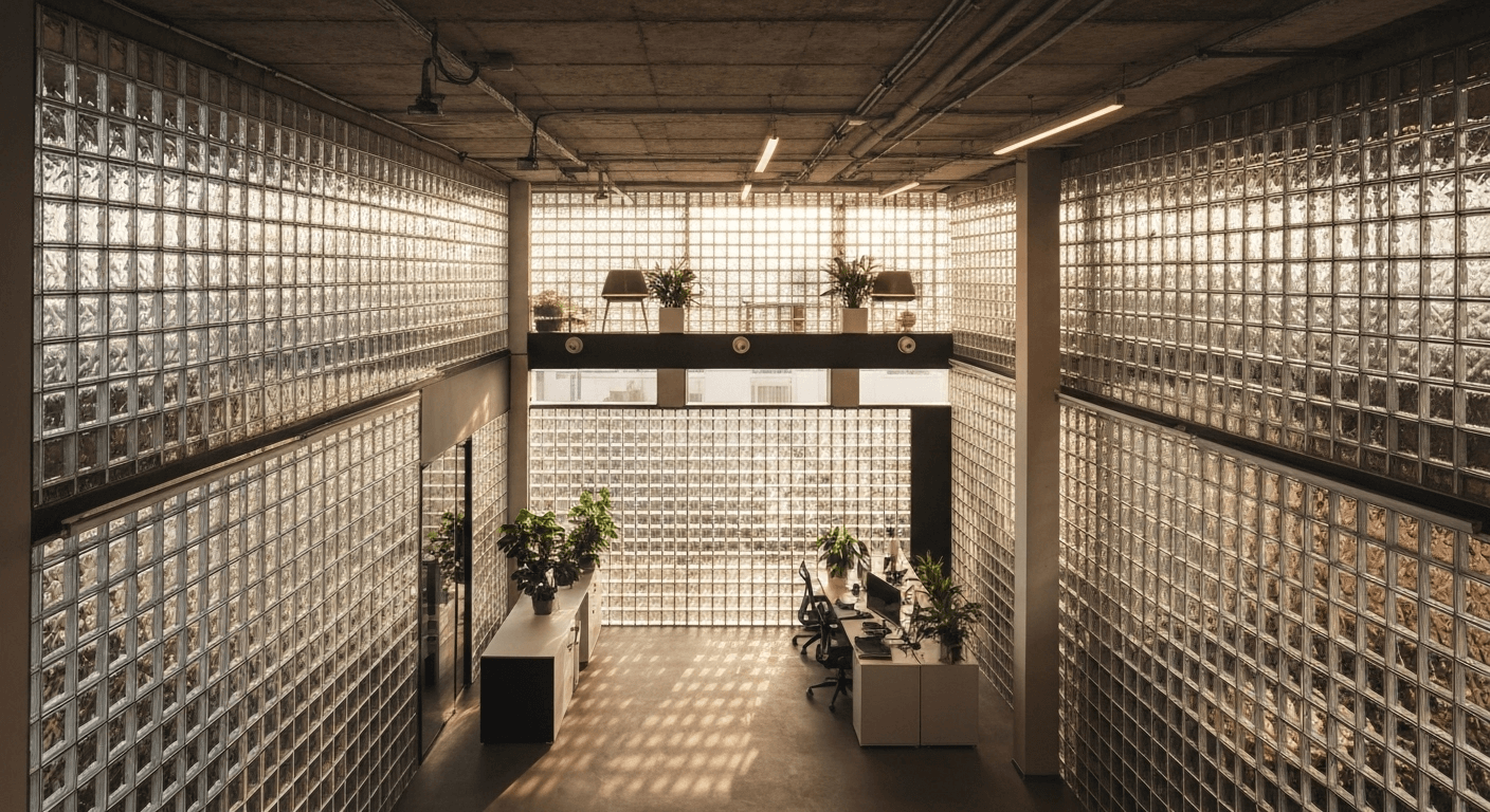 Office with glass block walls