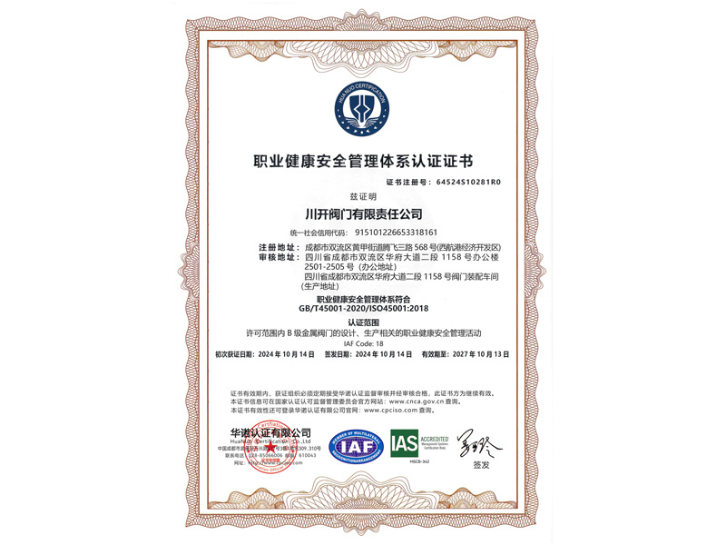职业健康管理体系证书