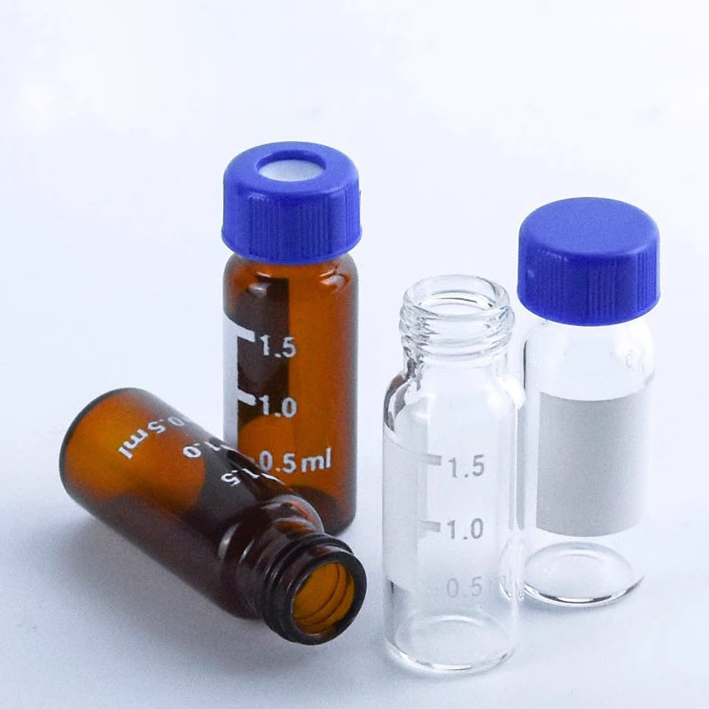 2ml HPLC Vials, Lab Autosampler Vials, Amber Vial with Writing Area and Graduations, Blue Screw Cap with Hole, Red PTFE and White Silicone Septa 2ml HPLC Vials, Lab Autosampler Vials, Amber Vial with Writing Area and Graduations, Blue Screw Cap with Hole, Red PTFE and White Silicone Septa