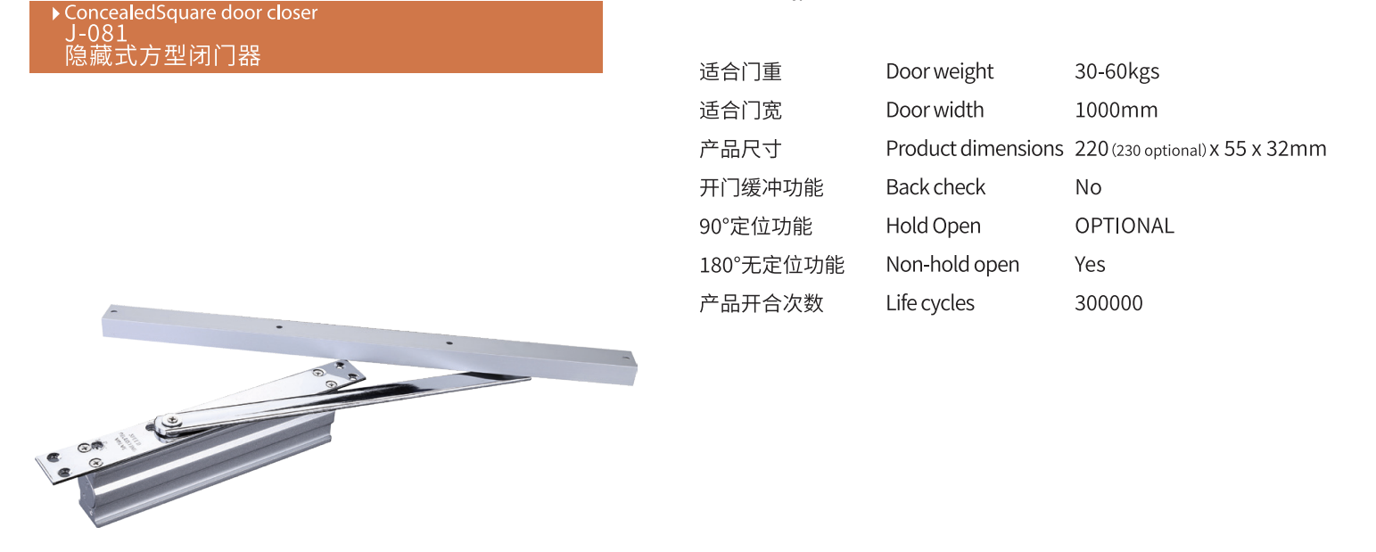 J081(A080S) Concealed square shape doorcloser, 45-65KG(EN3), suitable for 40mm door thickness