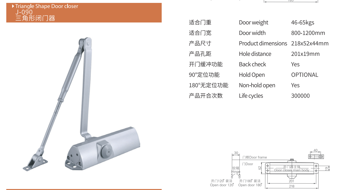 J090(063) triangle Hut shape door closer EN3/4 45-65kg/60-80kg capacity