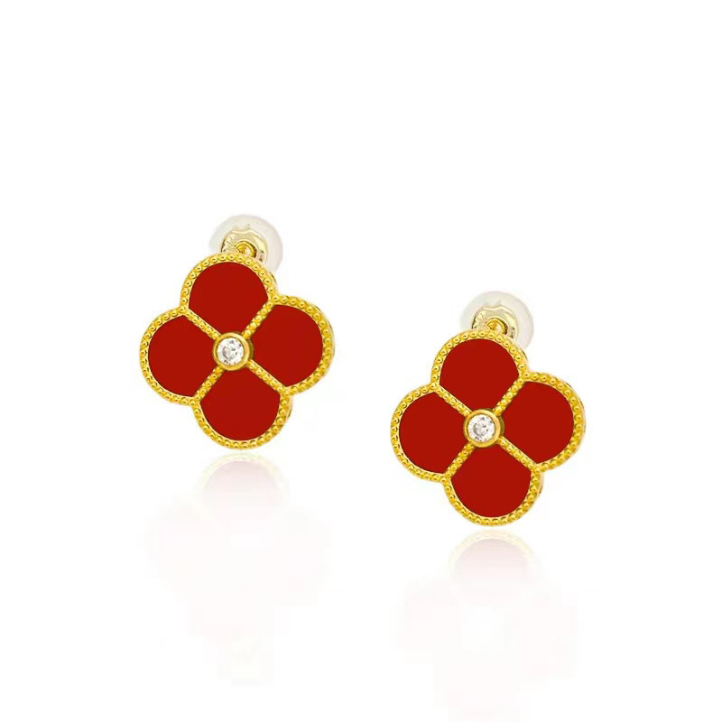 Vfook 18k Real Gold Four Leaf Clover Stud Earrings For women red agate
