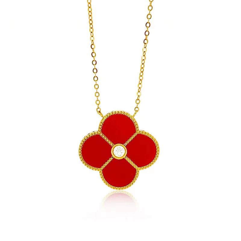 Vfook 18K Gold Necklace Four Leaf Clover Necklace With Red Agate