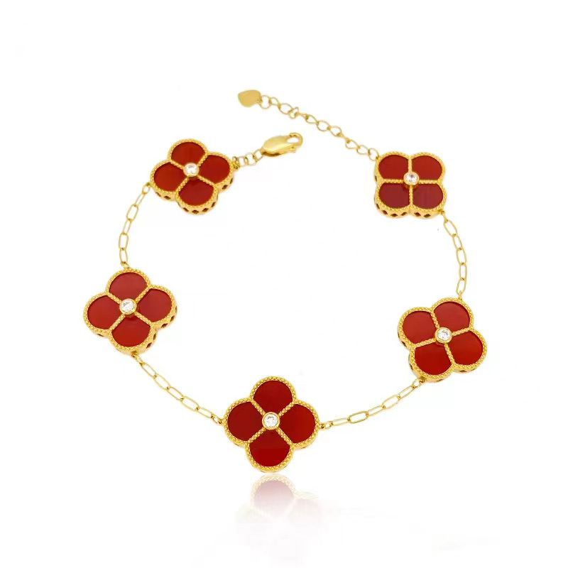 Vfook 18k Gold Four Leaf Clover Bracelet With Red Agate Women Jewelry