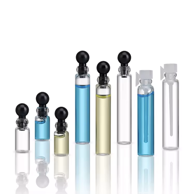 0.5ml 1ml 2ml perfume glass tester vials oil glass bottle with black plastic stopper